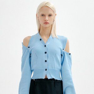 UNBALANCE SHOULDER CUT CROP KNIT CARDIGAN-SKY BLUE